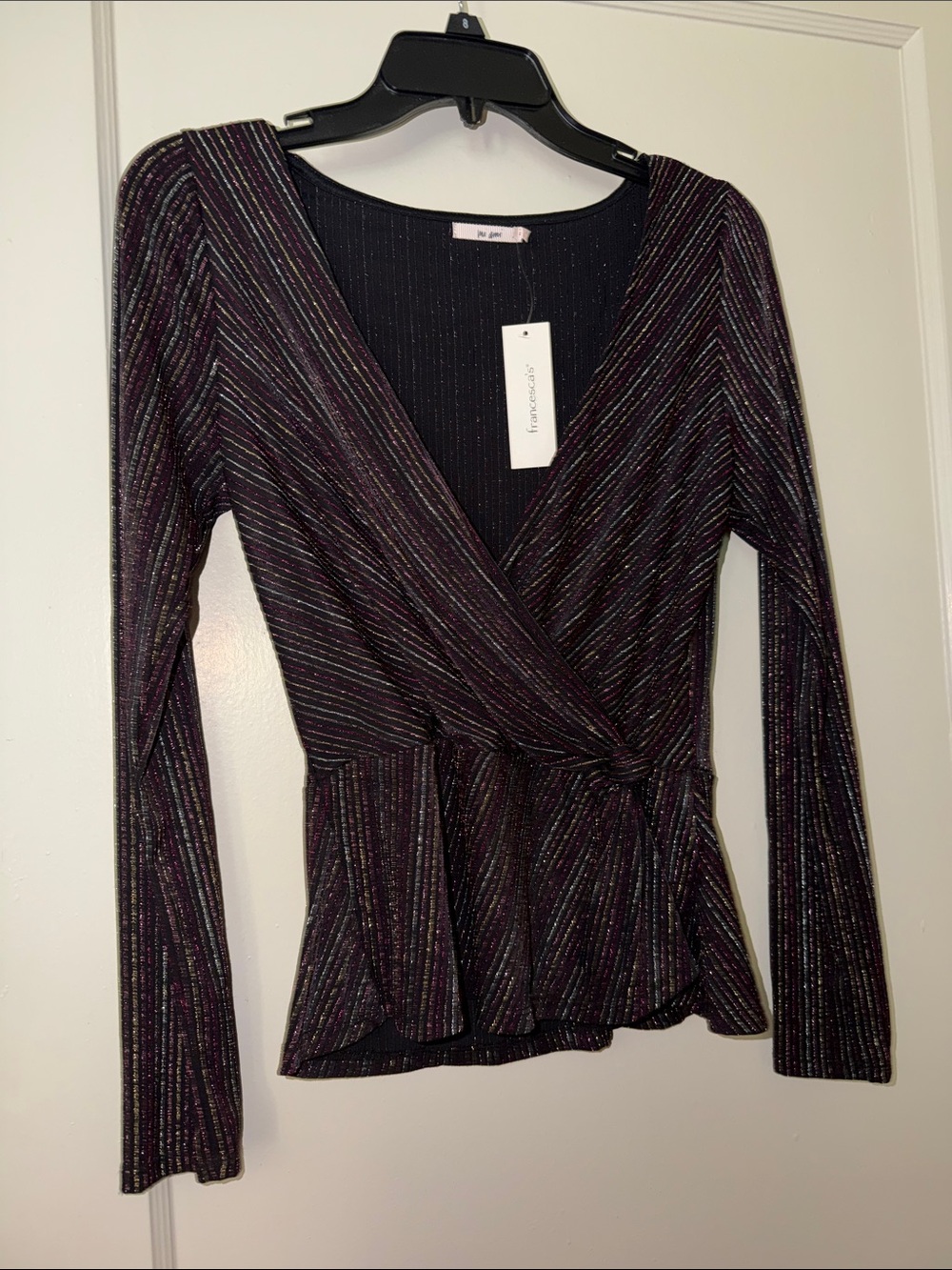 Francesca's Metallic Stripe Wrap Peplum Top - Black & Purple